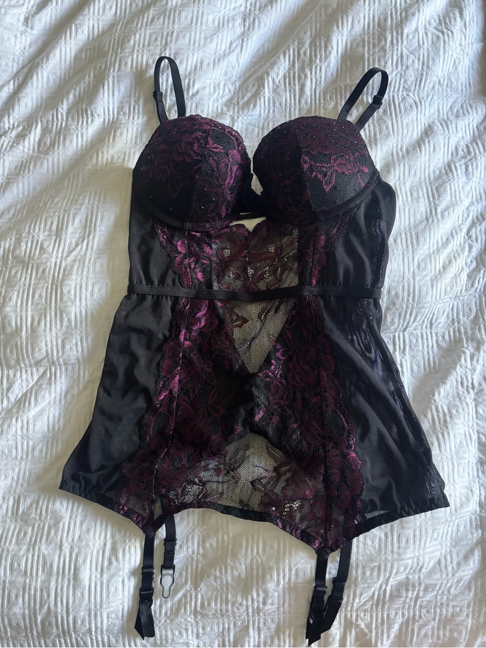 La SENZA Black and Deep Plum Lace Bustier with Garters